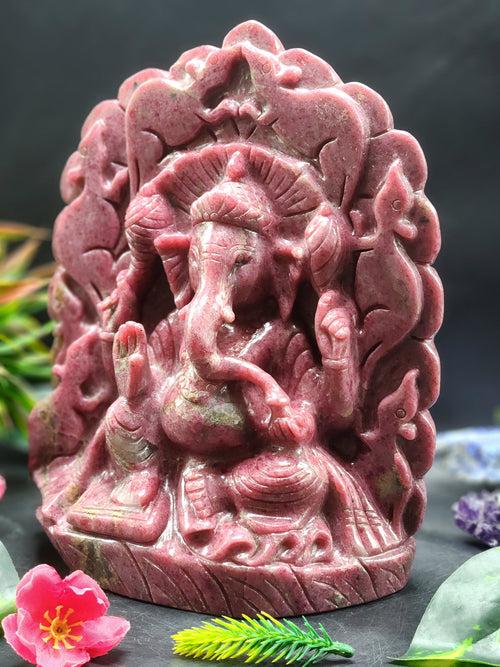 Lord Ganesh Statue in Rhodonite Stone: A Symbol of Wealth, Prosperity and Protection | Reiki/Chakra/Healing/Energy | Home Decor