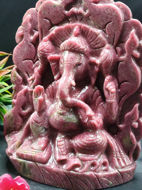 Lord Ganesh Statue in Rhodonite Stone: A Symbol of Wealth, Prosperity and Protection | Reiki/Chakra/Healing/Energy | Home Decor