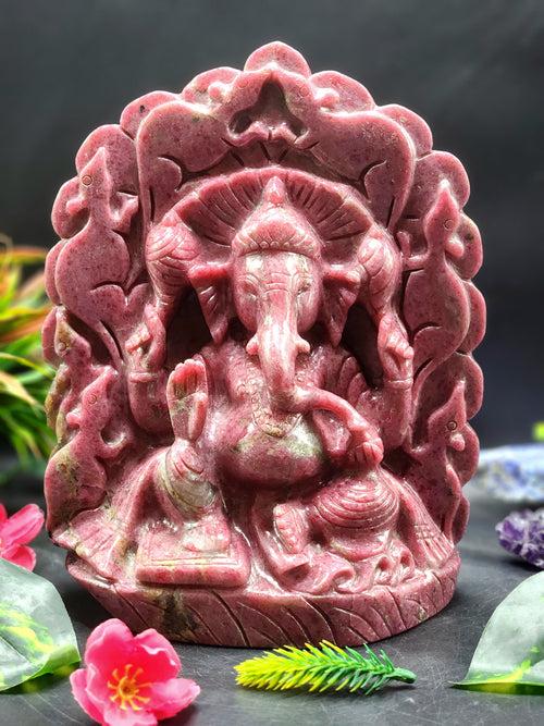 Lord Ganesh Statue in Rhodonite Stone: A Symbol of Wealth, Prosperity and Protection | Reiki/Chakra/Healing/Energy | Home Decor