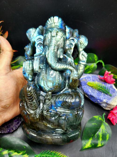 Labradorite Lord Ganesh Statue for Spiritual Harmony and Artistic Elegance | Figurine in Crystals and Gemstones - 8 inches and 2640 weight