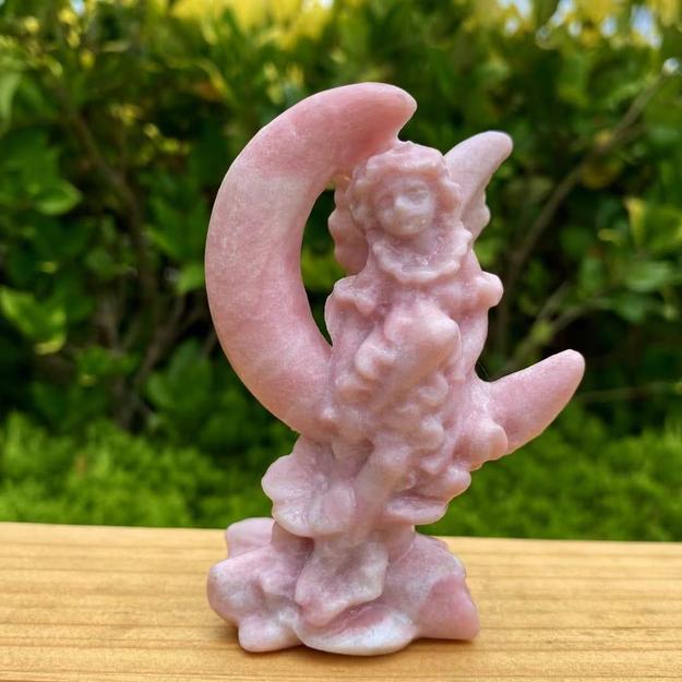 Handmade carving of Pink Opal Winged Angel on Half Moon: A Beacon of Tranquility and Protection