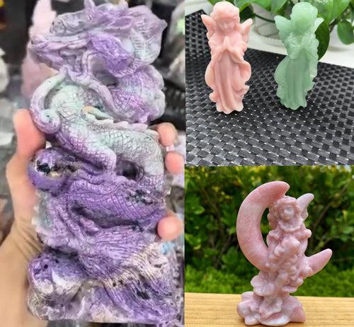 Chinese Dragon Carving in Charoite Gemstone, 3 angels in pink opal & aventurine - final payment