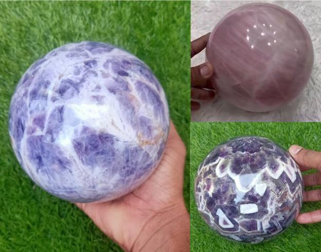 Healing Power of Gemstone Spheres: Chevron Amethyst, Brazilian Light Amethyst, and Rose Quartz - Lot of 3 - final payment