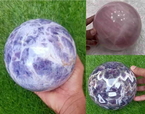 Healing Power of Gemstone Spheres: Chevron Amethyst, Brazilian Light Amethyst, and Rose Quartz - Lot of 3 - final payment