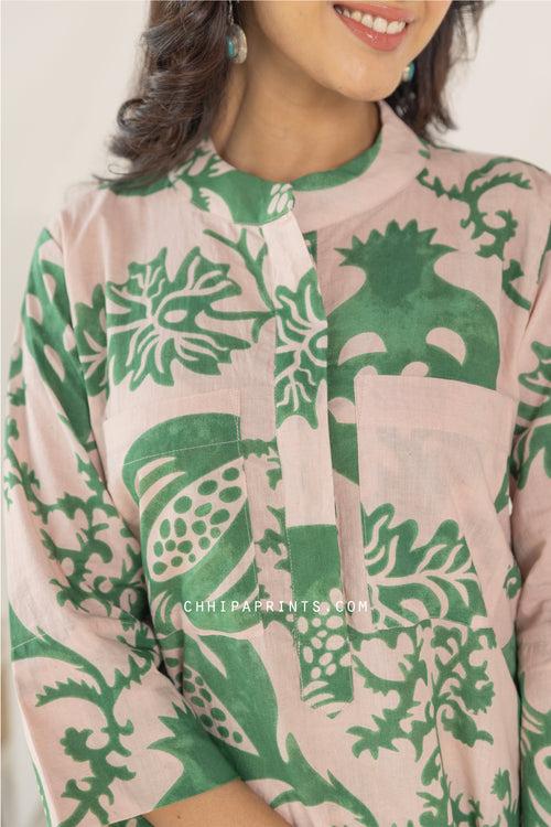 Cotton Hand Printed Anar Jaal Co Ord Set in Shades of Powder Pink and Green