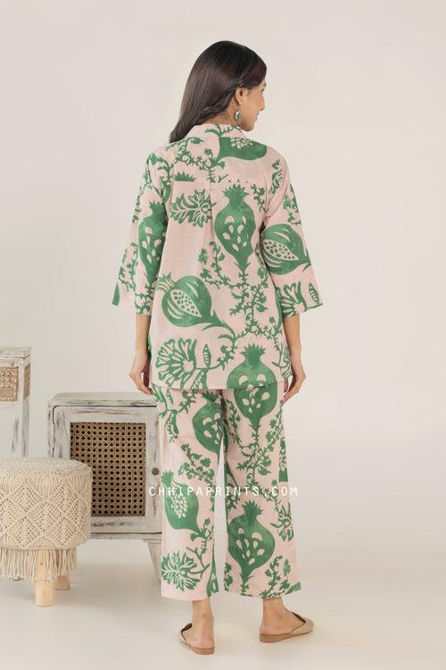 Cotton Hand Printed Anar Jaal Co Ord Set in Shades of Powder Pink and Green