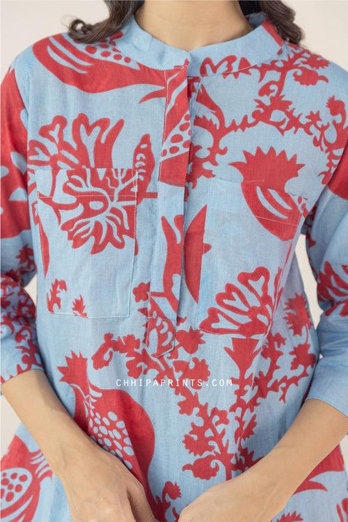 Cotton Hand Printed Anar Jaal Co Ord Set in Shades of Red and Blue