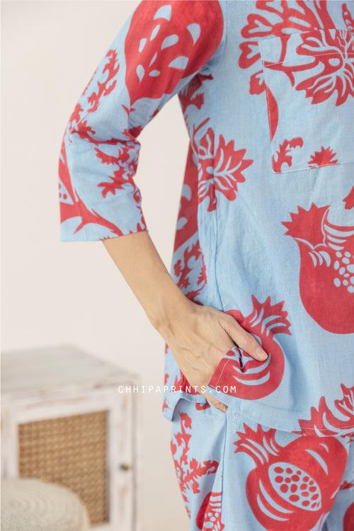 Cotton Hand Printed Anar Jaal Co Ord Set in Shades of Red and Blue