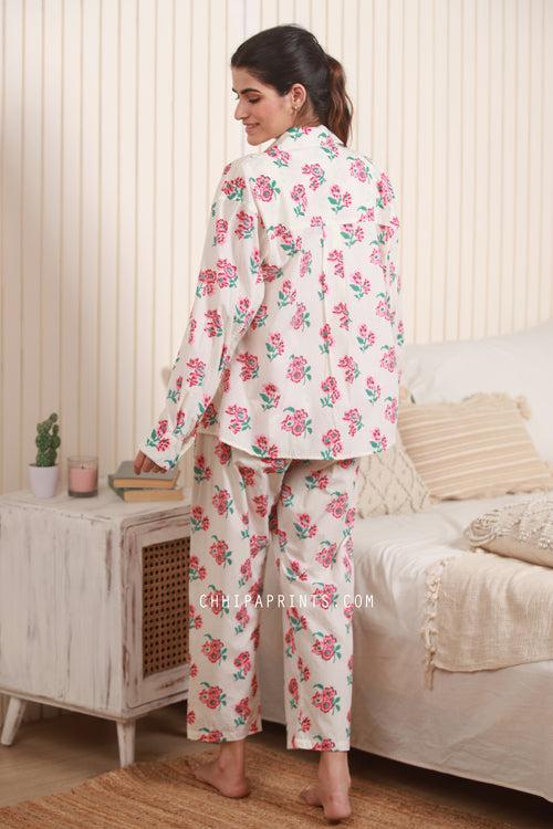 Cotton Floral Print Co Ord set In Baby Pink