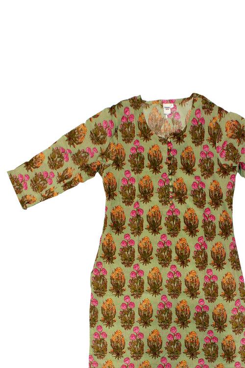 Cotton Buta Print Tunic in Olive Green