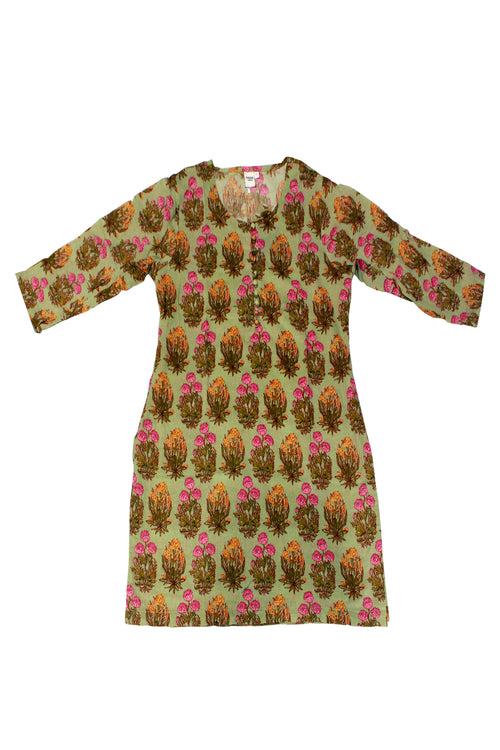 Cotton Buta Print Tunic in Olive Green