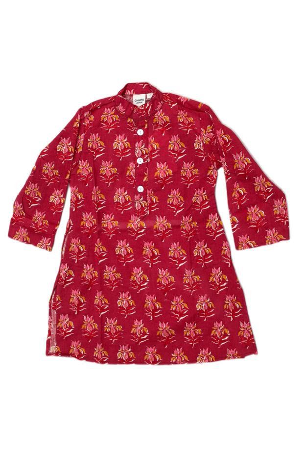 COTTON BLOCK PRINT GUD BUTI BOYS KURTA IN RED