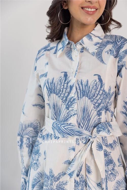 Cotton Palm Print Long Shirt Dress with Belt in Blue