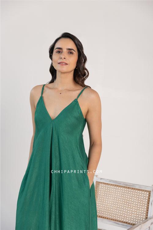 Raw Silk V Neck Strappy Dress in Solid Emerald