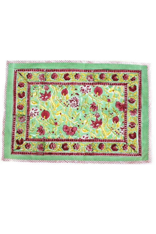 COTTON FLORAL JAAL BLOCK PRINT PLACEMATS IN FOREST GREEN