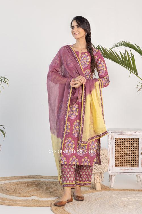 Cotton Mughal Buta Suit Set in Shades of Wine and Yellow