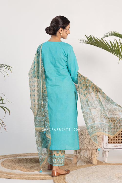 Cotton Plain Dye Front Gather Kurta Set in Turquoise Blue (Set of 3)