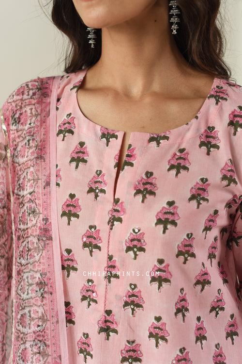 Cotton Gud Buti Block Print Suit Set in Shades of Baby Pink