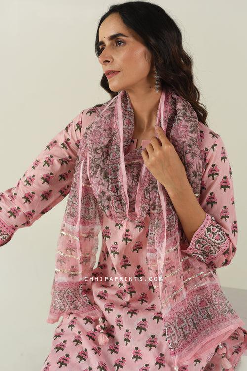 Cotton Gud Buti Block Print Suit Set in Shades of Baby Pink