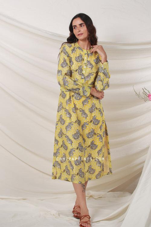 Cotton Silk Tiger Print Tunic Midi Dress In Light Yellow