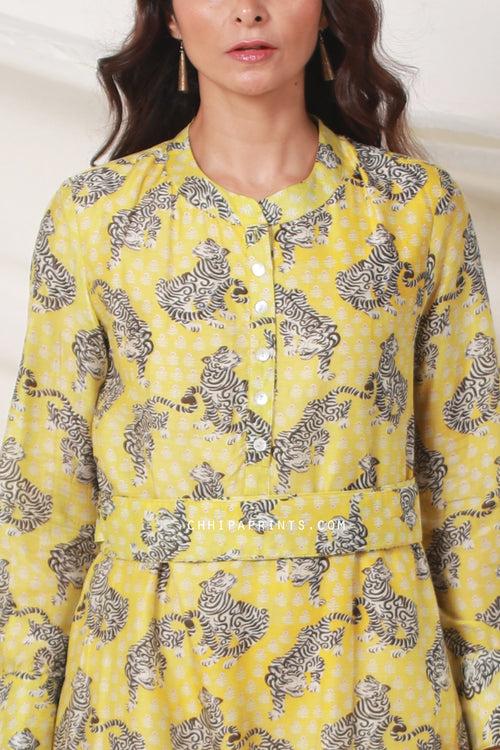 Cotton Silk Tiger Print Tunic Midi Dress In Light Yellow