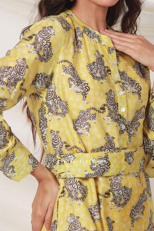 Cotton Silk Tiger Print Tunic Midi Dress In Light Yellow