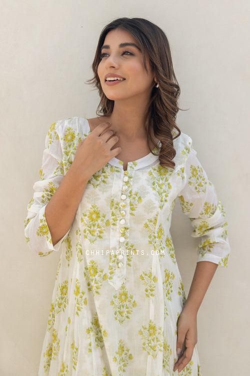 Cotton Mahin Buti Kalidar Maxi Dress in Shades of Lime Green