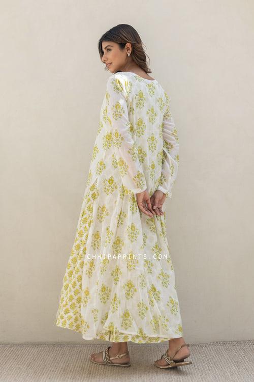 Cotton Mahin Buti Kalidar Maxi Dress in Shades of Lime Green