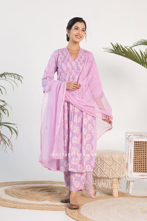 Cotton V Neck Shell Tuck Kurta Set in Shades of Lilac & Pink