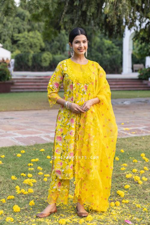 Cotton Organza Yoke Embroidery Kurta Set in Solar Yellow