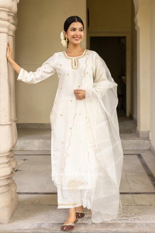 Chanderi SIlk Hand Embroidery Suit Set in Ivory from Jashn Collection