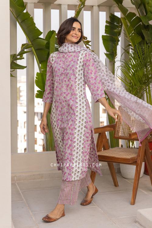 Cotton Block Print Jaal Buti Kurta Set in Purple