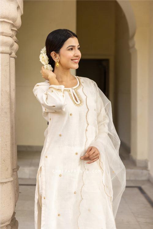 Chanderi SIlk Hand Embroidery Suit Set in Ivory from Jashn Collection