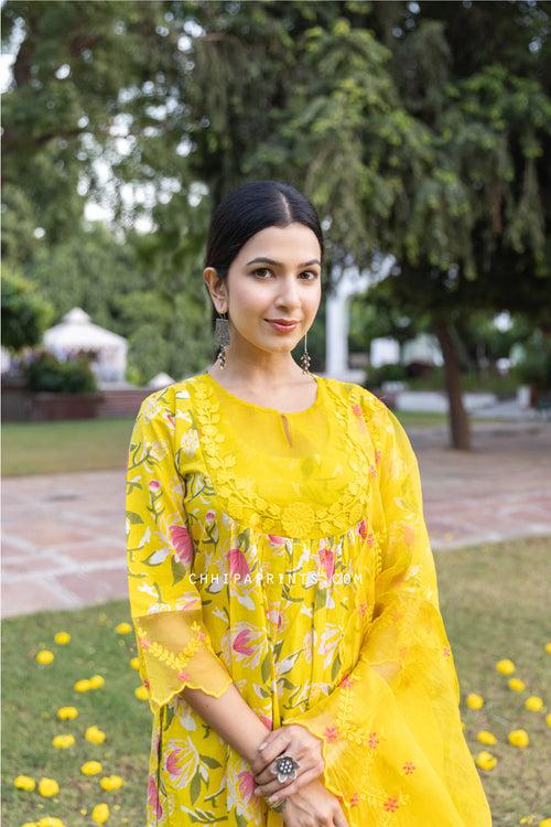 Cotton Organza Yoke Embroidery Kurta Set in Solar Yellow