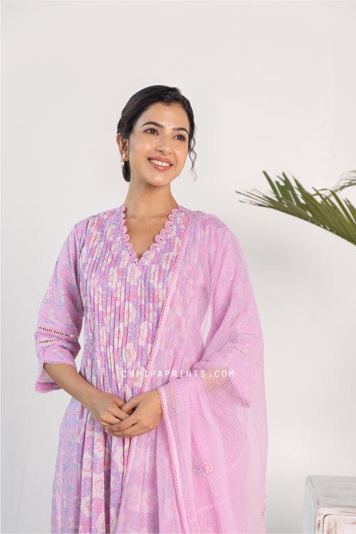 Cotton V Neck Shell Tuck Kurta Set in Shades of Lilac & Pink