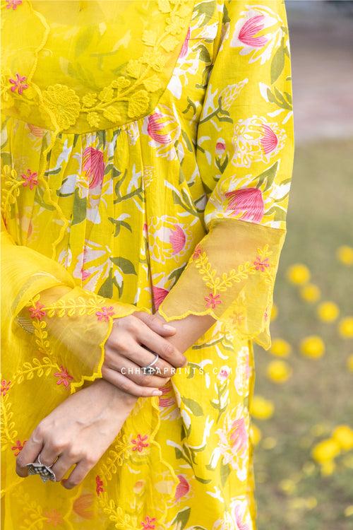 Cotton Organza Yoke Embroidery Kurta Set in Solar Yellow