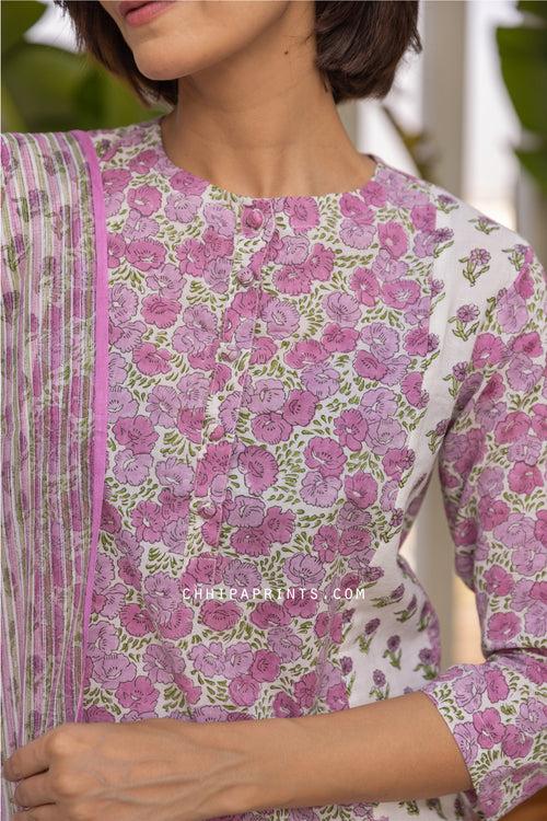 Cotton Block Print Jaal Buti Kurta Set in Purple