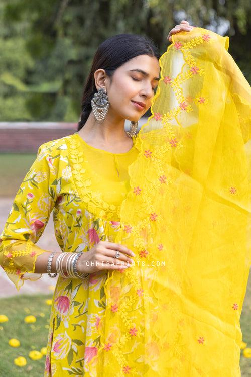 Cotton Organza Yoke Embroidery Kurta Set in Solar Yellow