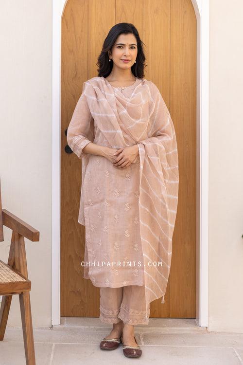 Kota Doria Embroidery Buti Suit Set in Warm Taupe