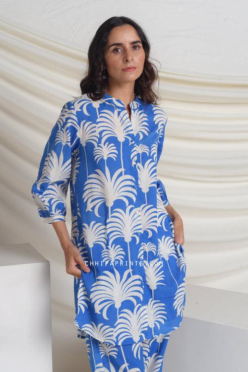 Cotton Hand Printed Palm Tree Co Ord Set in Royal Blue