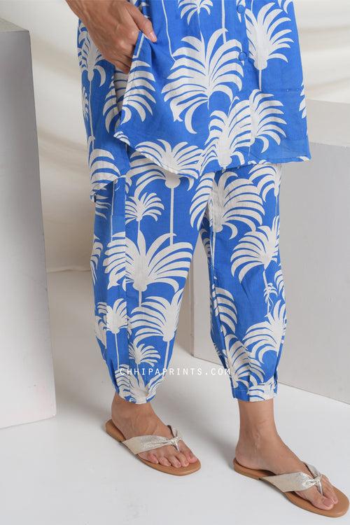 Cotton Hand Printed Palm Tree Co Ord Set in Royal Blue