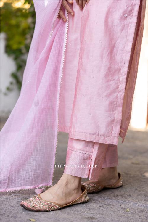 Chanderi Silk Mukaish Work Kurta Set in Blush Pink (Set of 3)