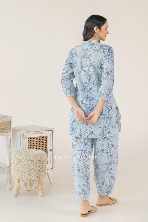 Cotton Hand Printed Floral Co Ord Set in Powder Blue