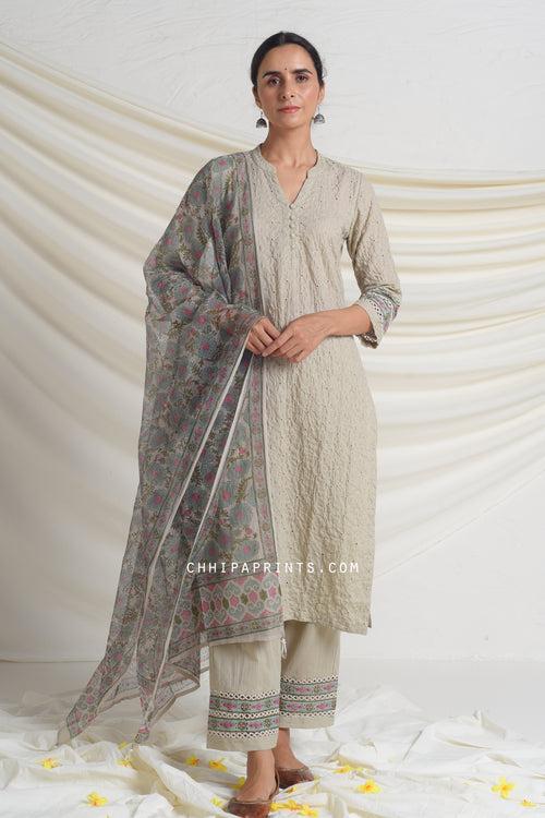 Cotton Schiffli Embroidery Kurta Set in Agate Grey