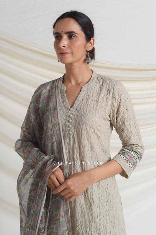 Cotton Schiffli Embroidery Kurta Set in Agate Grey