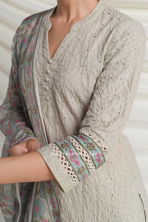 Cotton Schiffli Embroidery Kurta Set in Agate Grey