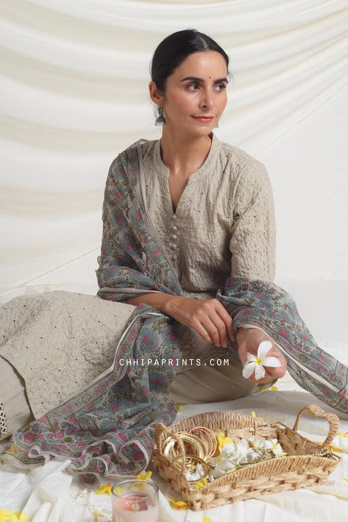 Cotton Schiffli Embroidery Kurta Set in Agate Grey