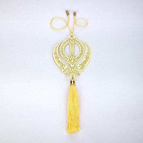 Pack of 2 - Sikh Punjabi Khanda Hanging Decor for Car's rear view mirror in Brass