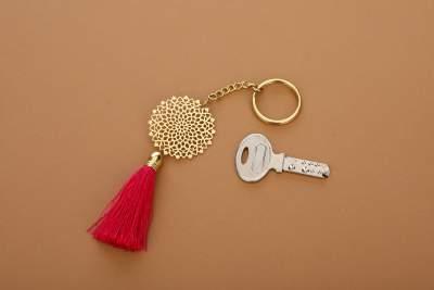 Lotus Floral Brass Key Chain Ring in Golden Finish