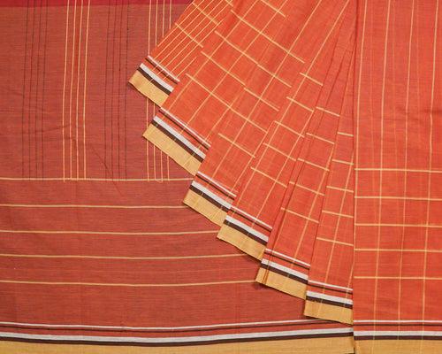 Climbing Stripe Turned Weft Cotton Handloom Saree - Red